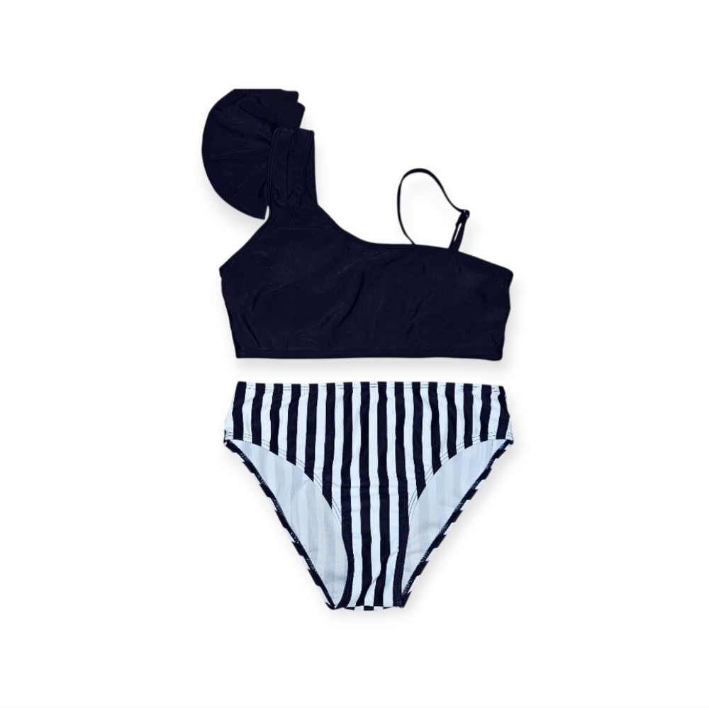 Girls Two Piece Black White Striped High Waist Ruffle Bikini 13-14Y